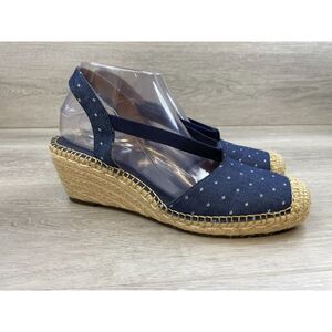 Clarks Women's Sandal Slingback Espadrille Wedge Polka Dot Fabric 9 Blue Shoes